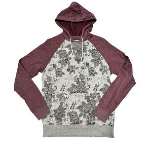 On The Byas Medium Gray Maroon Floral Hoodie Pullover Pockets Drawstring Women